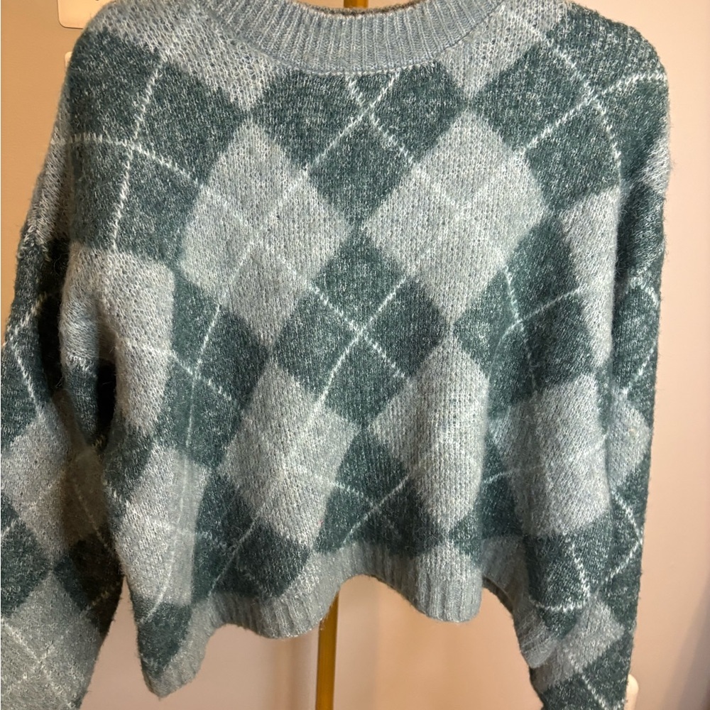 Ardene Argyle Crew Neck Sweater - Green and Gray